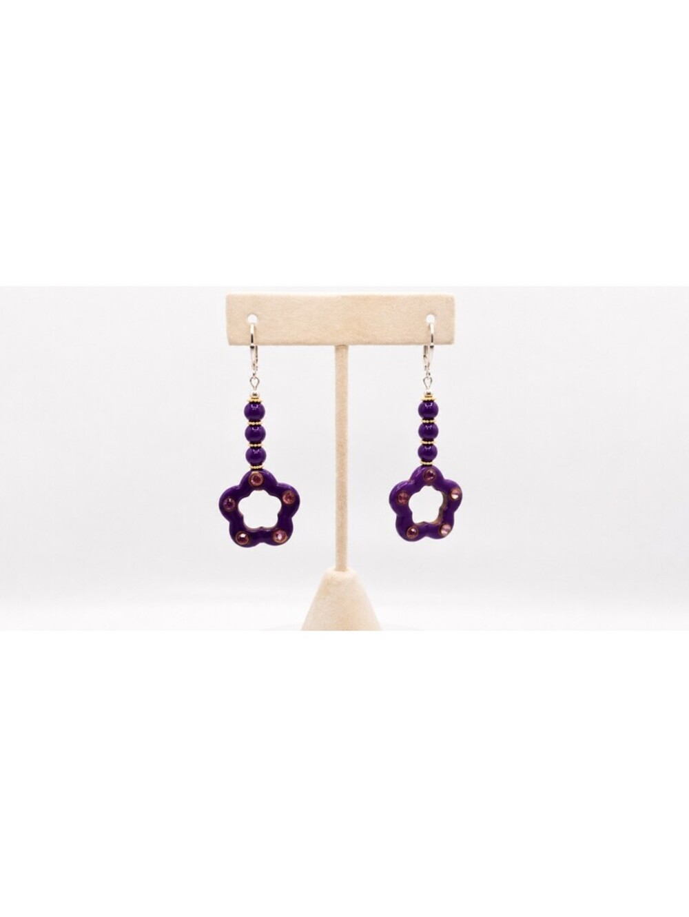 Handmade Purple Flower Dangle Earrings with Rhinestones